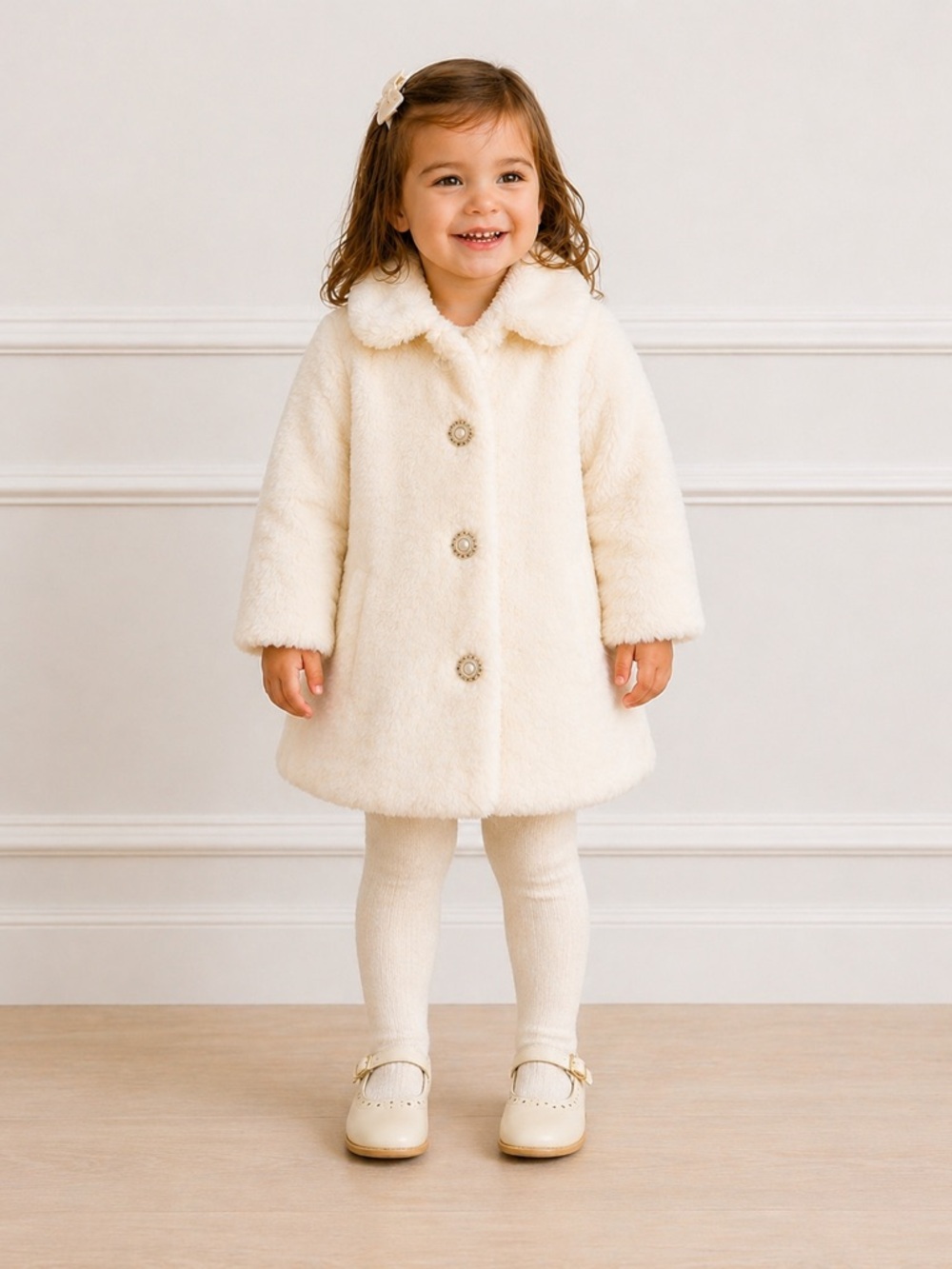 Nannette Cream Faux Fur Pea Coat with Decorative Buttons